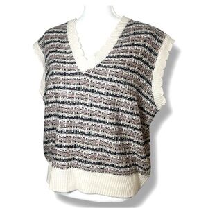 FORE Textured Knit Sweater Vest L Ivory Mauve V-Neck‎ Sleeveless Retro Cozy